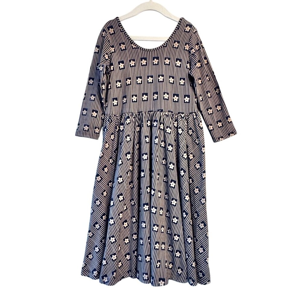 ALICE + AMES Floral Striped Ballet Dress Girls 10 Navy Blue Cream Twirl Dress - Picture 1 of 4
